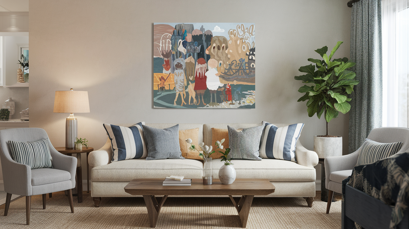 Evin salonunda duvarda asılı bir kanvas tablo